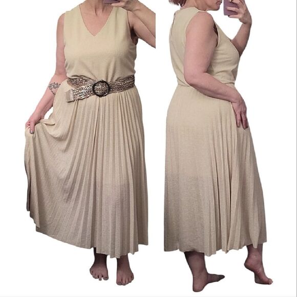 Mango Heathered Cream Color Pleated Sleeveless Midi Dress LARGE - Picture 1 of 17